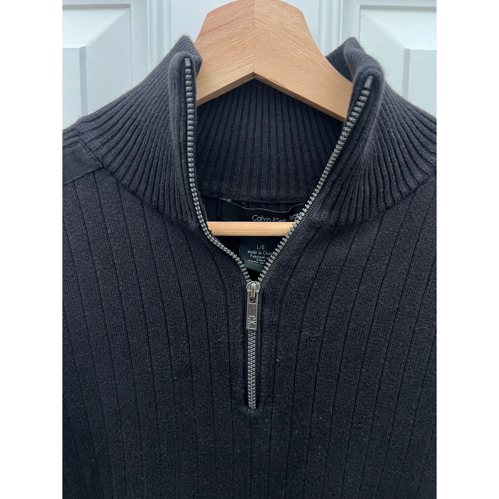 Calvin Klein Jeans Mens Black Ribbed Cotton Quarter Zip Sweater Large CKJ Logo - Picture 3 of 8